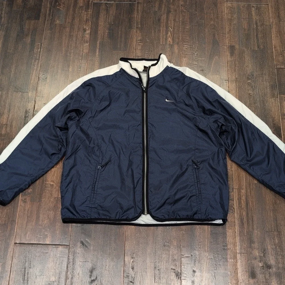 Vintage Nike Track Jacket Womens‎ XL Windbreaker Navy Blue White Swoosh Logo 90s